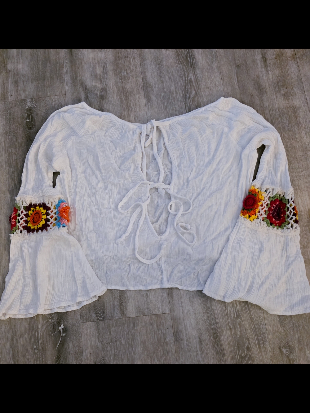 White Boho Crochet-Sleeve Peasant Top